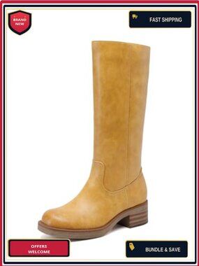 Women's Square Toe Knee High Riding Boots Chunky Block Heel Faux Leather Side